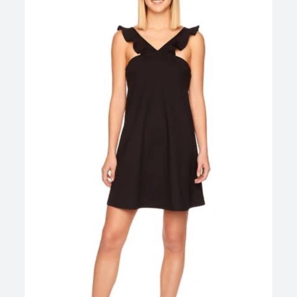 SUSANA MONACO RUFFLE V-STRAP TRAPEZE DRESS IN BLACK - Picture 1 of 6